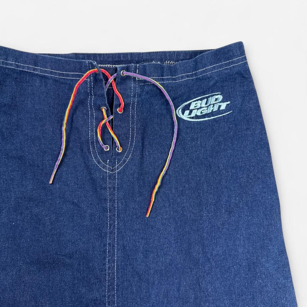 Bud Light blue denim midi skirt jean with drawstring waist embroidery lace up